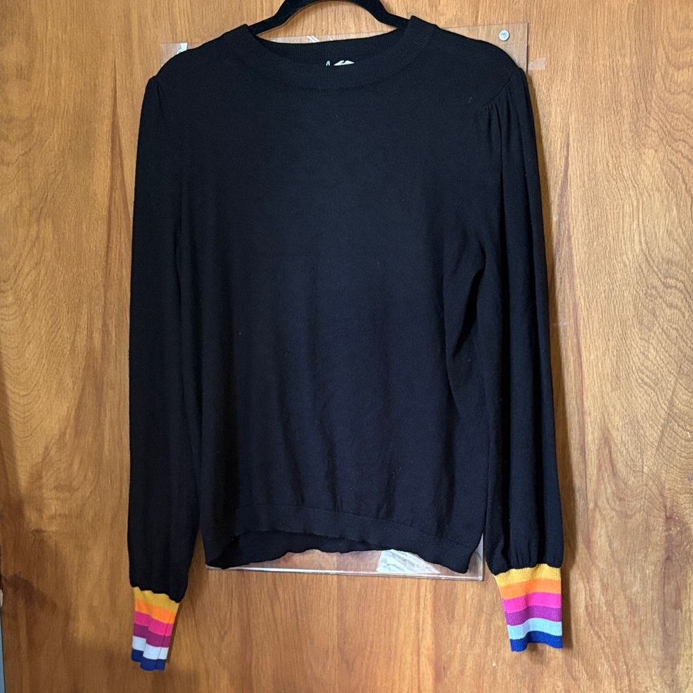 THML Black Long Sleeve Sweater with Rainbow Striped Cuffs